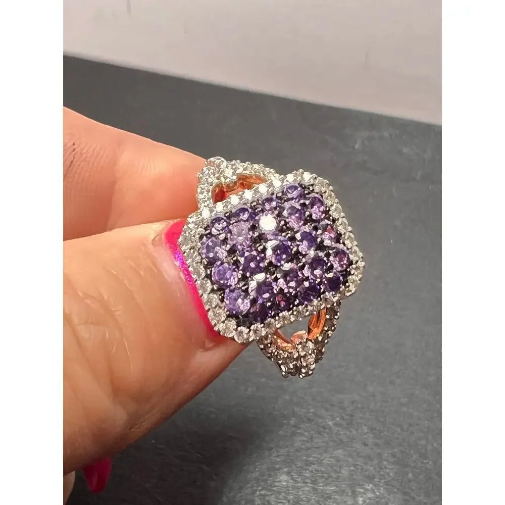 Purple and white CZ rose gold over sterling silver ring size 9